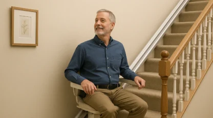 Man uses stairlift to go up stairs